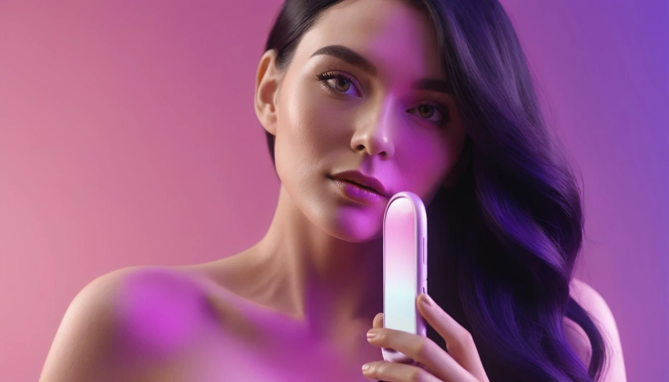 woman holds smartphone in her hand, naked european woman holding a dildo and smartphone that is glowing with pink and purple colours, in front of blackhair man, we can see their face close, closeup, minimalistic, in a light purple and pink style, with soft edges and blurred details, in the toycore style, with a 3D render, on a colorful background, with a minimalist stage design, in a surreal style, with a cinema4D rendering, with a minimalist style, with low saturation, using gradient colors, with a cinema4D rendering, with a blender rendering, with super detail, at a super high resolution, at a super high definition
