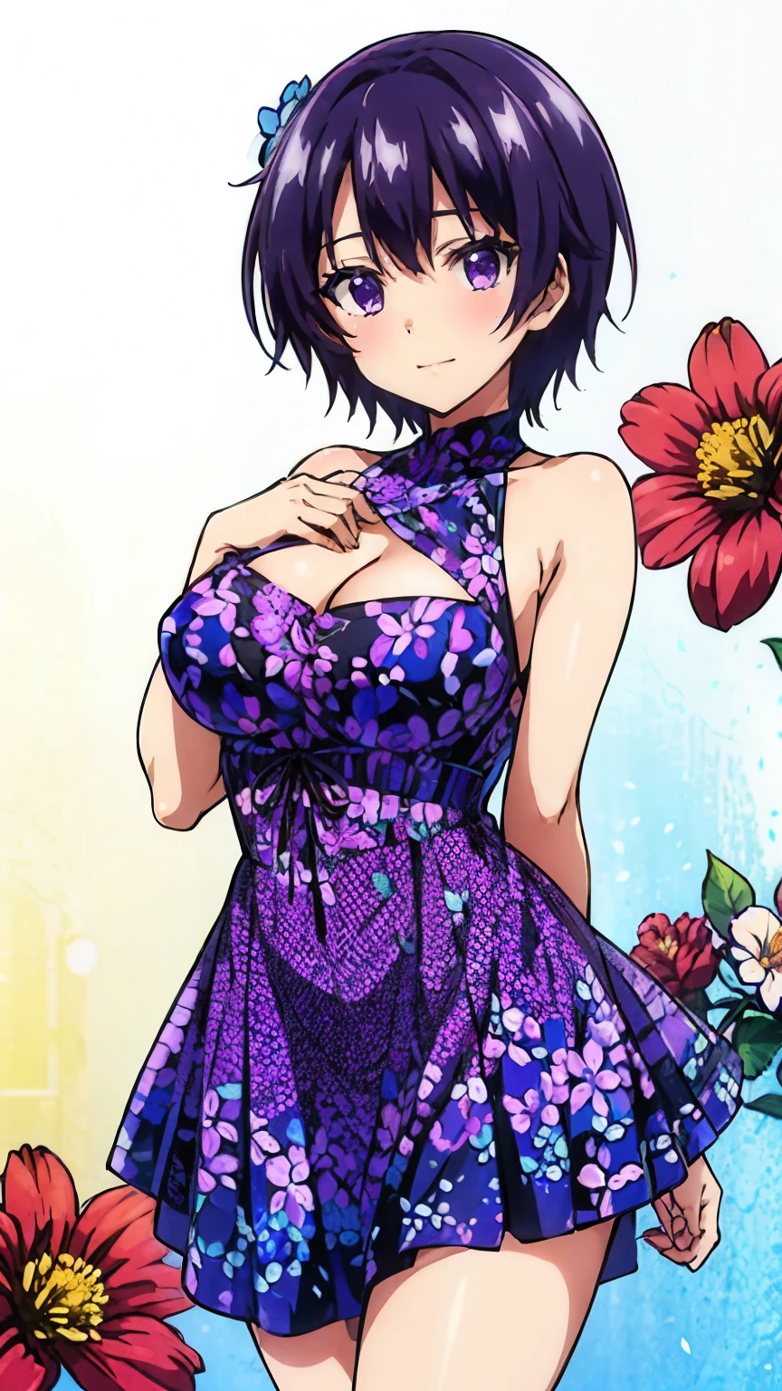 masterpiece,highest quality, High resolution, 8k, anime, highly detailed face, Detailed CG,purple hair,purple eyes,short hair,big breasts,
(wearing flowers dress),blush,stylish pose, stylish angle,looking at the viewer, in the center of the image,cowboy shot,
