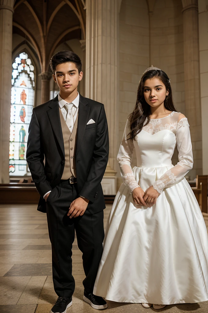 a 17 year old teenage boy wearing a long-sleeved pre-wedding dress and an 18 year old teenage girl wearing a pre-wedding dress, standing pose facing forward, church background