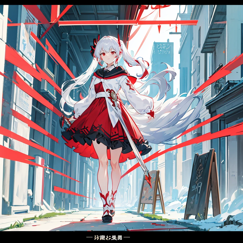 Wearing a red and white dress、anime girl holding sword, Highly detailed official artwork, Epic Light Novel Cover Art, epic Light novel cover art, Silver and red armor, guweiz on pixiv artstation, Anime style 4K, Detailed key animation art, Light novel cover art, Anime Fantasy Artwork，White hair and red eyes，Side Ponytail，Waist-length hair，one person，Portraiture，Reading