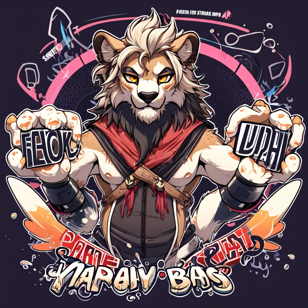 a design [lion], [soft neon light], with text [PORBAS] sticker art, vector art and dark backgroud with splash blod