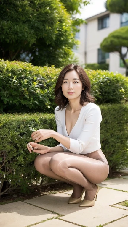 Japanese,Mature Woman, (alone), 30 years old, (double),whole body,Brown long hair, Brown Hair,short hair,Glamour, Pure white skin, Photographed from the front,Observe the audience、(Race Queen)、(Beige pantyhose),(Black high heels)、garden、Squat,