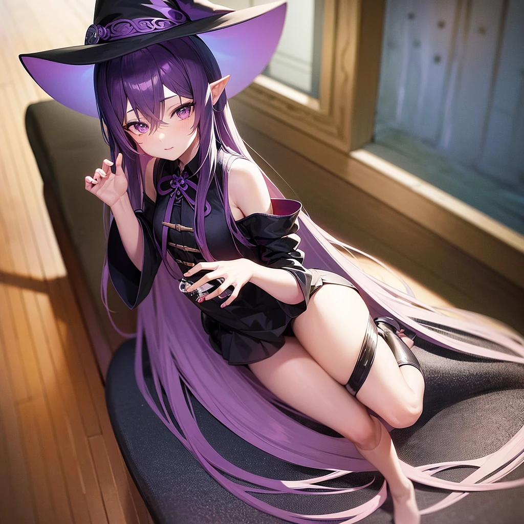 anime girl long purple hair wearing a black Robe. she has pointy ears. Witch Hat. Manga kawaii. iridescent ,An illustration, Sit on the sofa, (no background)