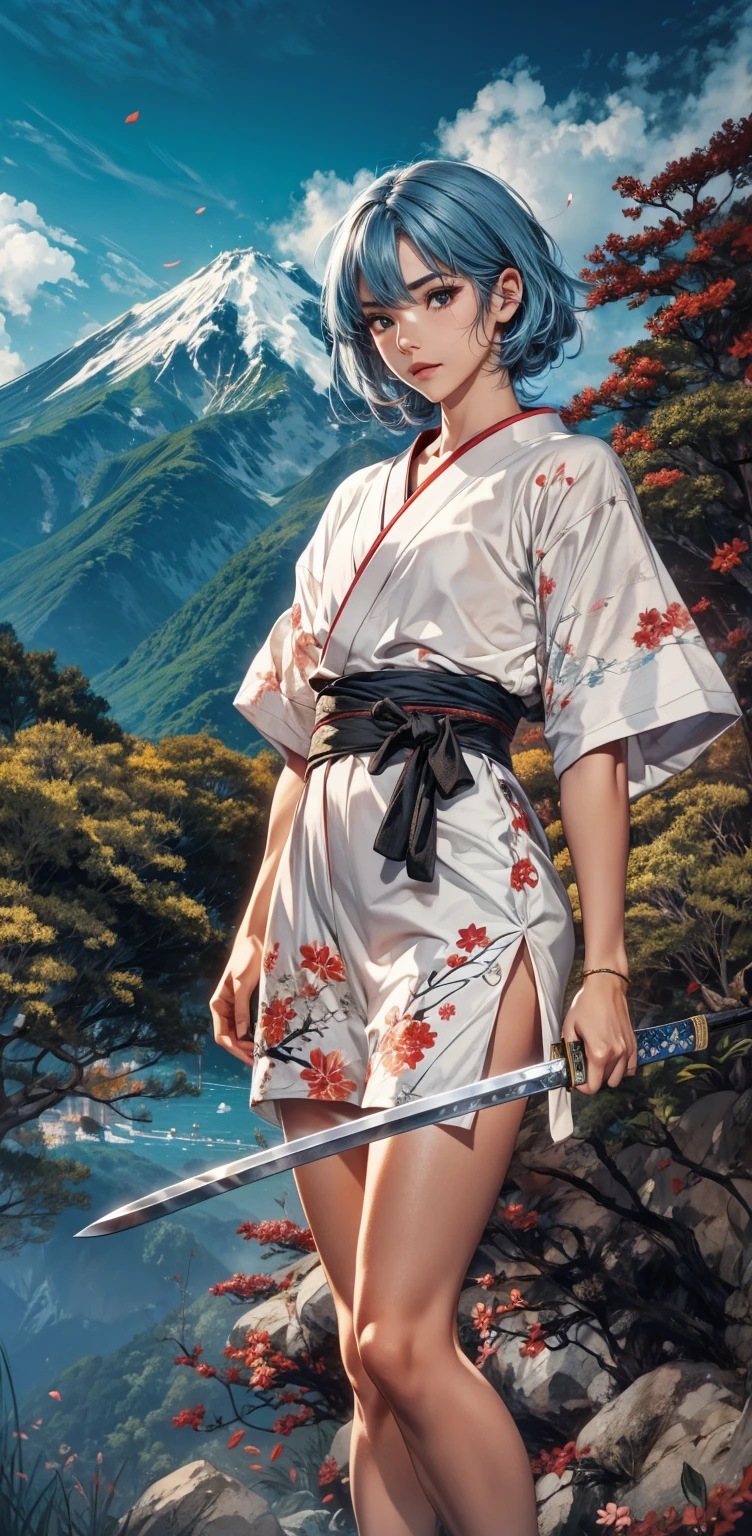 Holding a Japanese sword in his right hand