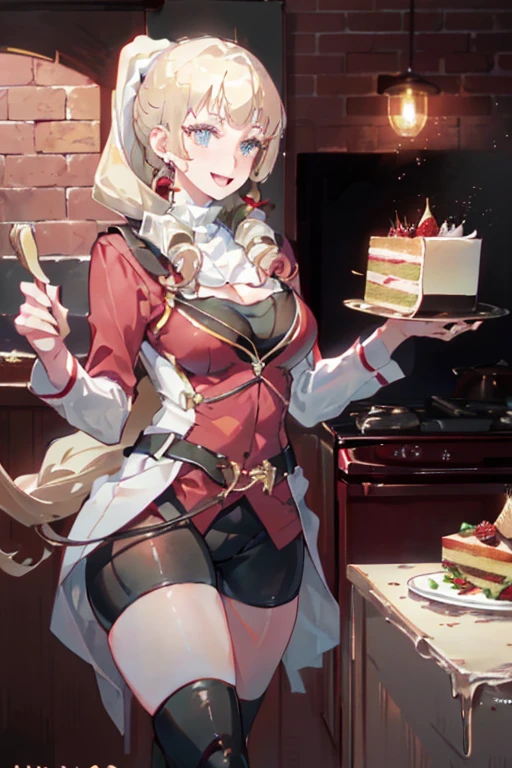 (dynamic angle:1.3, front view:1.1, breast focus:1.3, from above:1.1), (dynamic posing:1.2, sexy posing:1.2), (seductive smiling:1.3), ((looking at cake,Taking a cake out of the golden oven, worried about the outcome:1.2)),highest quality、(real、photorealistic:1.4),(ultra high resolution, 8K RAW photo, clear focus), best qualtiy, natural lighting, field depth, (Bright pupils, detailed beautiful eyes, high detailed face), Red lip, (tight focus:1.2), a girl 22yo old, Wearing a pastry chef uniform:1.3 , Thicc, thin breast, long hair, blue eyes,garter stocking, cleavage:1.2, midriff, black shorts, black thighhighs, thigh strap, pretty girl, (highly detailed beautiful face and eyes,firm breasts),real skin,((black,hair,long pony tail hair)),thin pubic hair,cute,lovely, detailed eyes,(double breasted:1.0,under bust:1.0),(with sparkling eyes and a contagious smile),open mouth, Looking at Viewer,A scene of cooking in the kitchen,looking at the golden oven