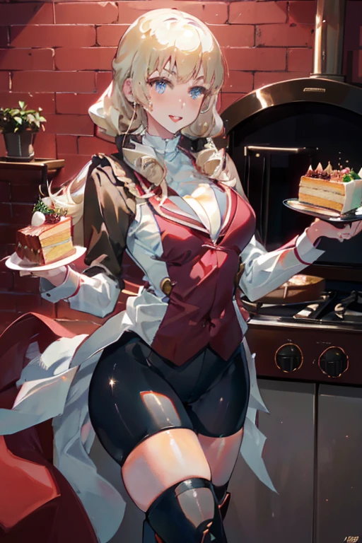 (dynamic angle:1.3, front view:1.1, breast focus:1.3, from above:1.1), (dynamic posing:1.2, sexy posing:1.2), (seductive smiling:1.3), ((looking at cake,Taking a cake out of the golden oven, worried about the outcome:1.2)),highest quality、(real、photorealistic:1.4),(ultra high resolution, 8K RAW photo, clear focus), best qualtiy, natural lighting, field depth, (Bright pupils, detailed beautiful eyes, high detailed face), Red lip, (tight focus:1.2), a girl 22yo old, Wearing a pastry chef uniform:1.3 , Thicc, thin breast, long hair, blue eyes,garter stocking, cleavage:1.2, midriff, black shorts, black thighhighs, thigh strap, pretty girl, (highly detailed beautiful face and eyes,firm breasts),real skin,((black,hair,long pony tail hair)),thin pubic hair,cute,lovely, detailed eyes,(double breasted:1.0,under bust:1.0),(with sparkling eyes and a contagious smile),open mouth, Looking at Viewer,A scene of cooking in the kitchen,looking at the golden oven
