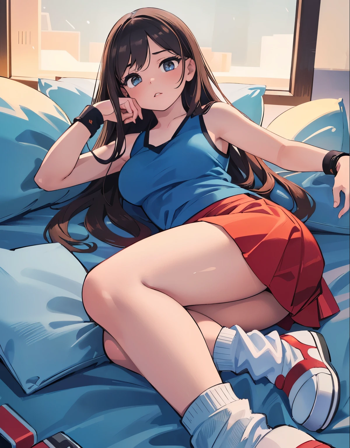 A sleeping girl on a cloud, lying down, full body, 1trainerleaf1, sleeveless shirt, black wristbands, visible thighs,thick thighs,red skirt,blue shirt, loose socks, white footwear, beautiful detailed eyes, beautiful detailed lips, extremely detailed face, long eyelashes, soft glowing skin, touching her hair, (best quality,4k,8k,highres,masterpiece:1.2),ultra-detailed,(realistic,photorealistic,photo-realistic:1.37),digital art, detailed illustration, dramatic lighting, warm glowing colors, cinematic lighting, dreamlike atmosphere