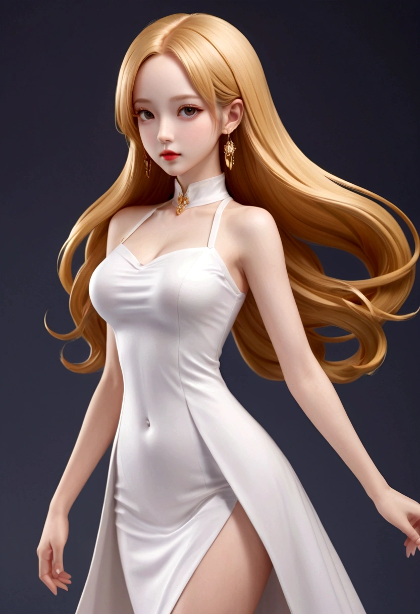 In anime style, spectacular, wonderful vision, very detailed image of a beautiful girl with a large forehead, straight golden hair, small and thick lips, medium bust, wide hips and a sculptural body, delicate, super feminine,