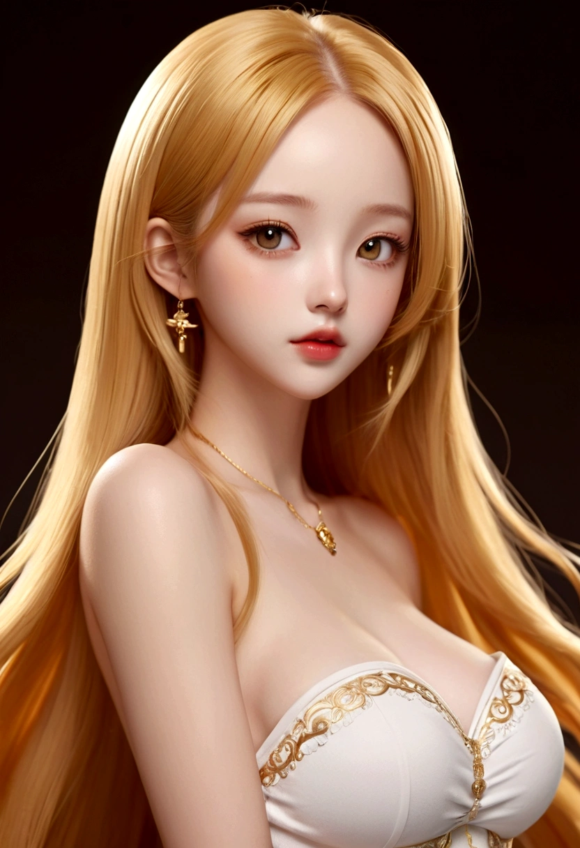 In anime style, spectacular, wonderful vision, very detailed image of a beautiful girl with a large forehead, straight golden hair, small and thick lips, medium bust, wide hips and a sculptural body, delicate, super feminine,