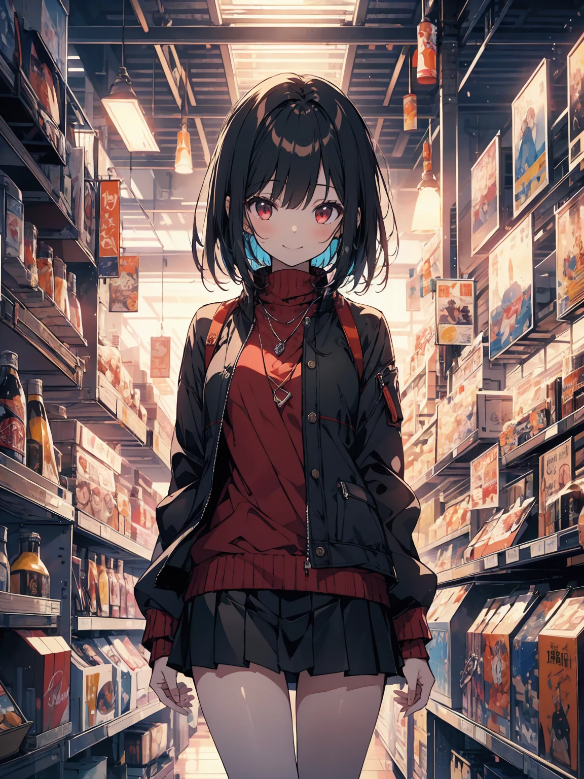 (masterpiece, highest quality, highest quality, (No text), Beautiful and aesthetic:1.2),No text,アニメ、 BREAK,One Girl,Short black hair Red eyes cool smile Black jacket mini skirt whole body Night view