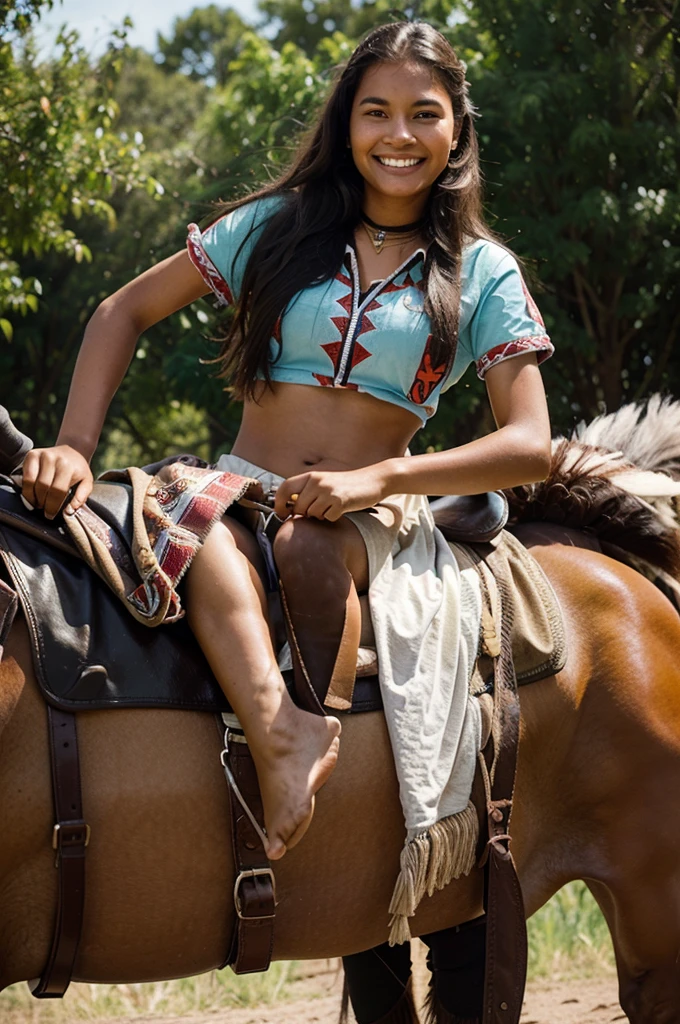 Indigenous 18 years old girl riding a horse, chuckle smile
