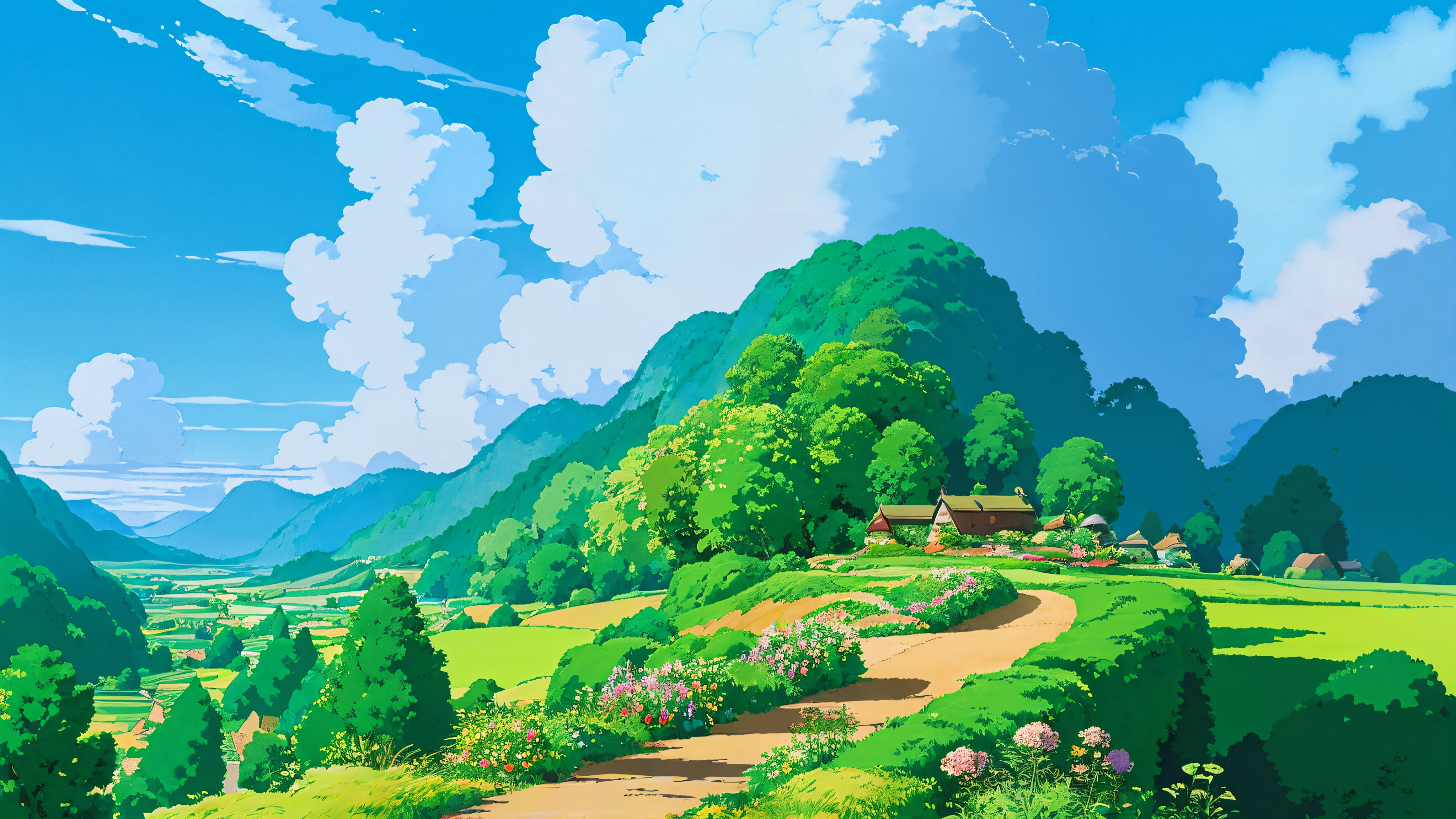 (((high quality))), highly_detailed, extremely_detailed_CG_unity_8k_wallpaper, illustration, highres, absurdres, High saturation, ghibli style, ghibli studio, ghibli artstyle, ghibli studio anime style, miyazaki's animated film, sky, sky background,