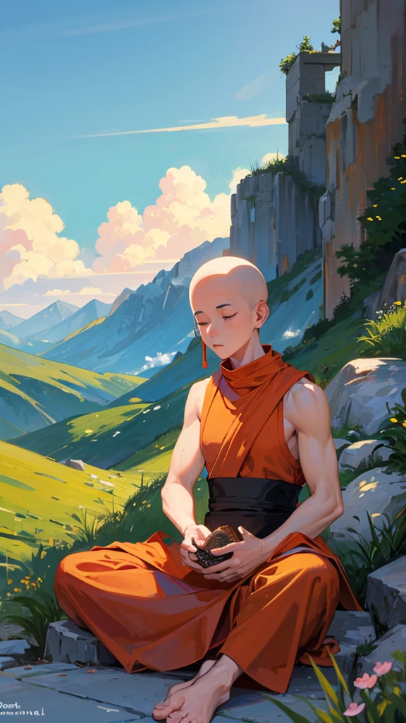 monk meditating on the mountain feel relaxed, feel calm 