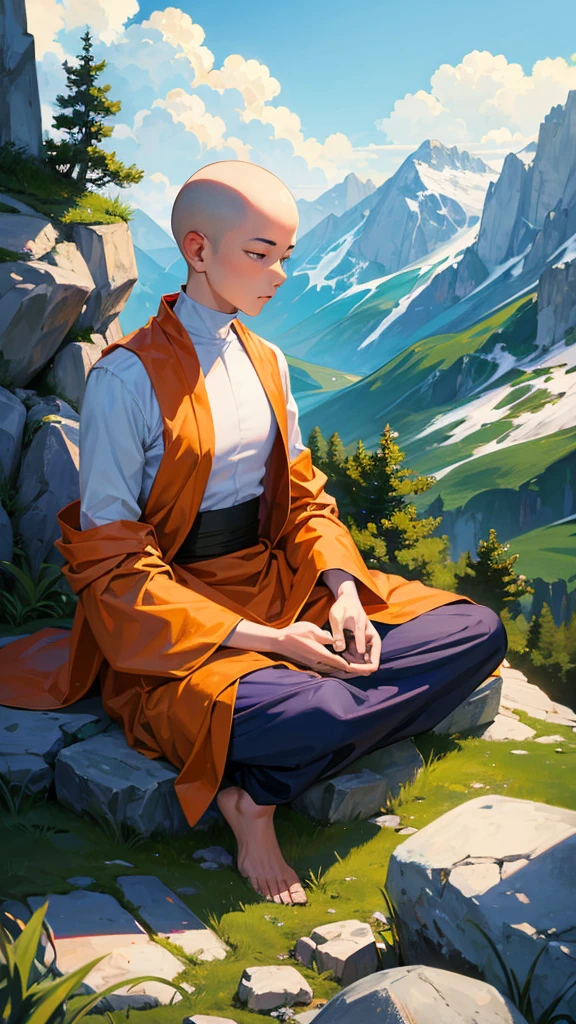 Bald seeker, meditating, under a tree, on a high mountain, behind are mountains big and small as far as the eye can see, calm, heal the mind.