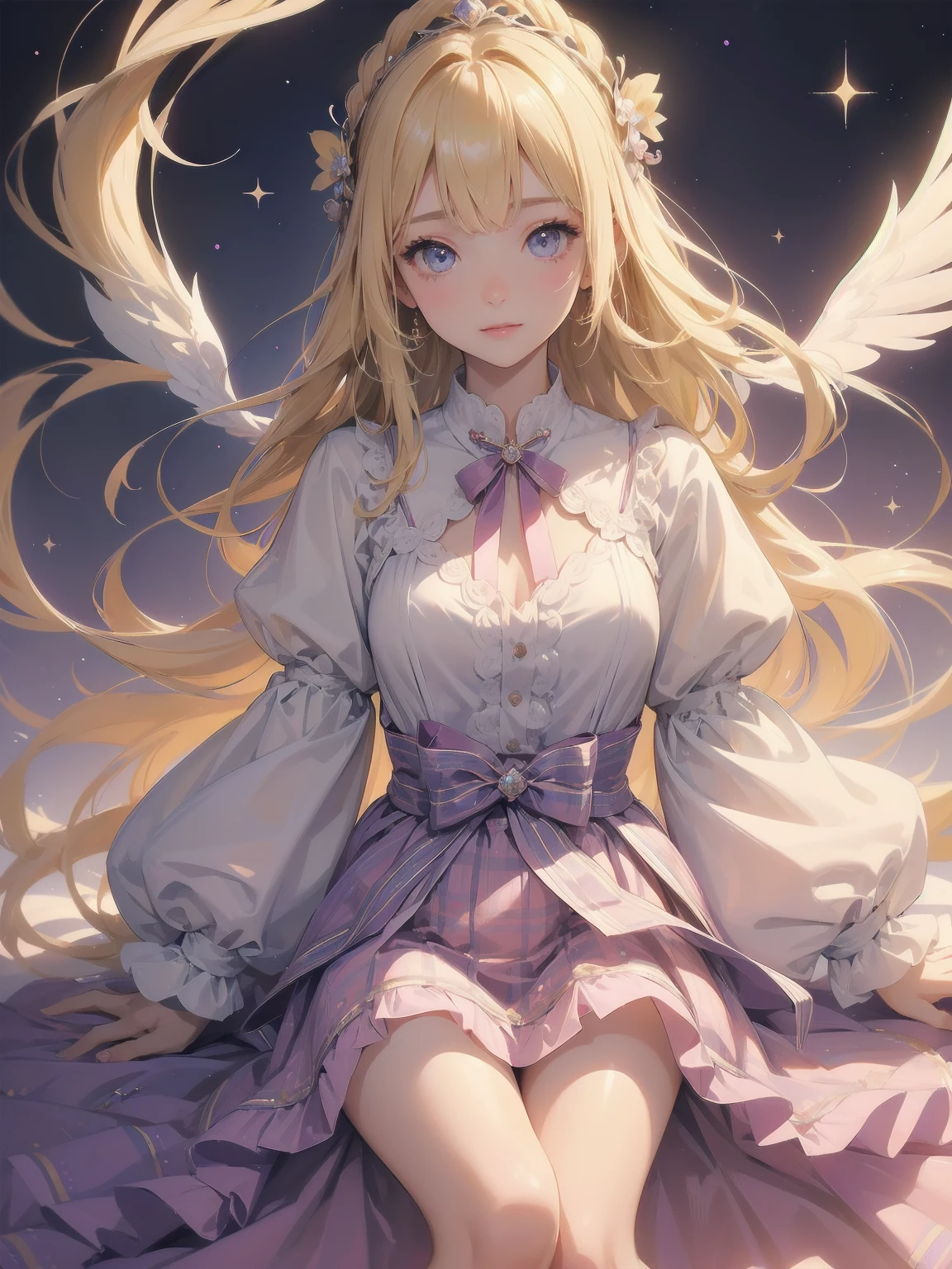 ((傑作 Highest quality:1.4)), ((Tabletop, Highest quality)), (8K quality), (Detailed Background:1.3), (Detailed face:1.3), (Cute Teenage Girls, alone),Beautiful portrait、Delicate body、Frilled blouse,Long Check Skirt,Vintage, Long blonde hair,Cinematic Light,A small smile,Tilt your head、Lying in a fluffy bed、sunlight、Shaking breasts、、Nipples、((She spreads her legs wide to show her pussy))、Flip Skirt、High class clothing、Rainbow glow, Beautiful sparkle,