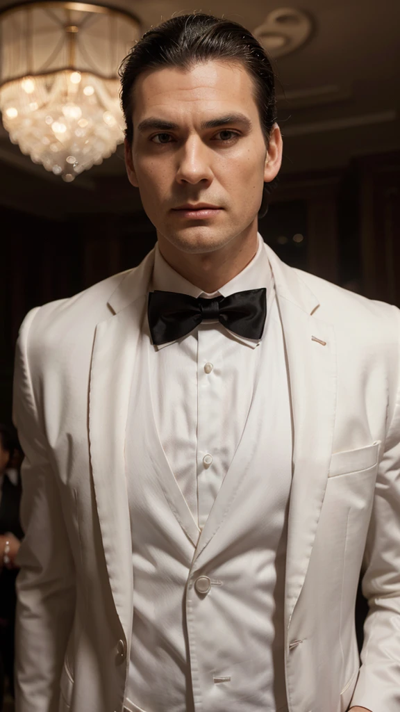 cinematic, low angle shot, man, mature, tall, tnin, black hair, slick back hair with side part, clean shaven, scar on right cheek, wearoff-white dinner jacket, white dress shirt, black silk bow tie, red rose boutonniere, drinks marthini, on party in casino, evening, dim lighing