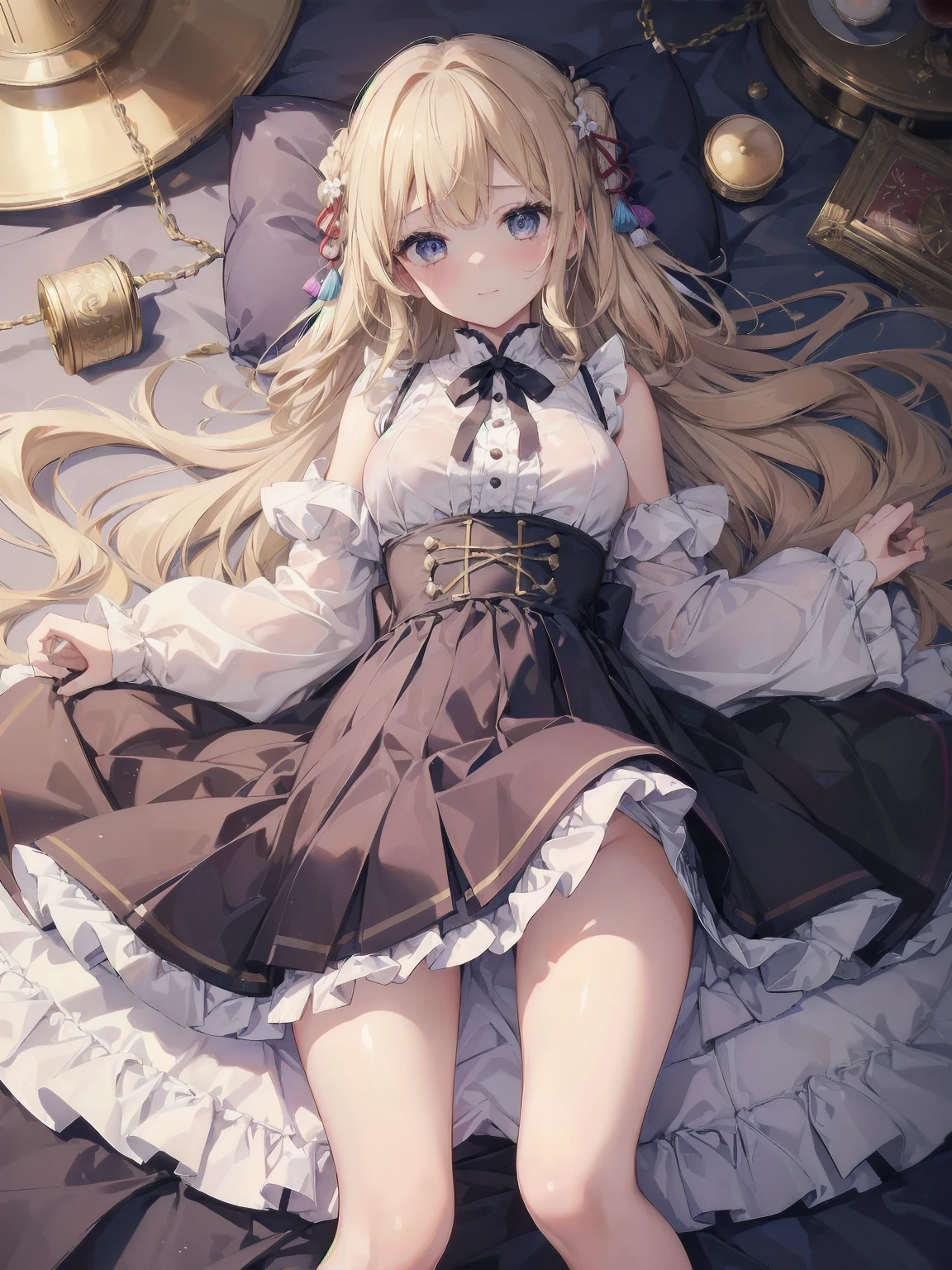 ((傑作 Highest quality:1.4)), ((Tabletop, Highest quality)), (8K quality), (Detailed Background:1.3), (Detailed face:1.3), (Cute Teenage Girls, alone),Beautiful portrait、Delicate body、Frilled blouse,Long Check Skirt,Vintage, Long blonde hair,Cinematic Light,A small smile,Tilt your head、Lying in a fluffy bed、sunlight、Shaking breasts、、Nipples、((She spreads her legs wide to show her pussy))、Flip Skirt、High class clothing、Rainbow glow, Beautiful sparkle,
