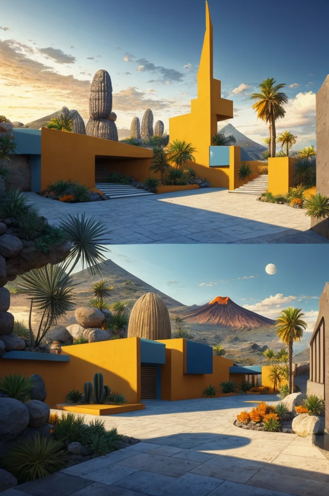 An illustration in collage style, with giant boulders, brutalist building sections, terraces, stairs, cacti, agave, concrete texture, multiple geometric shapes, hatch and cross hatching, planet saturn, volcano, moon, Luis Barragán's architectural style build, milky way galaxy, violet, one motorcycle, An illustration in collage style, with giant boulders, brutalist building sections, stairs, cacti, agave, concrete texture, multiple geometric shapes, hatch and cross hatching, planet saturn, volcano, moon, Luis Barragán's architectural style build, reflective pool, terraces. An elegant and modern build, in top of big boulders, with terraces, materials concrete, wood, steel and crystal, various gardens with tropical vegetation, cacti and rocks, stairs, a pool. In middle of sea, a big wave near, sunset, mountains and a volcano in the horizont, cute islands around, illustration format, cute color palette, detailed, masterpiece, award-winning work, clouds, Illustration, a garden with abundant cacti, ((various organic sculptures)), ((big rocks)), (((multiple sections))), collage style, detailed, (((color palette (olive green), (Mustard orange), cool grey, ((blue)), black and white))), (((a lot Luis barragán's architecture style builds))) big clouds, volcano in horizon, stairs, in the desert. ((masterpiece, best quality)),illustration,ultra detailed 8k, ((Ori Toor visual style)),soviet, megabuildings, megastructures, buildings, organic steel sculpture