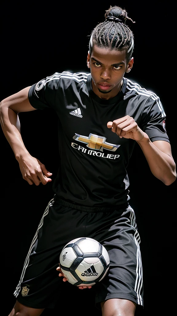 paul pogba, miniature, hold an adidas ball, black background