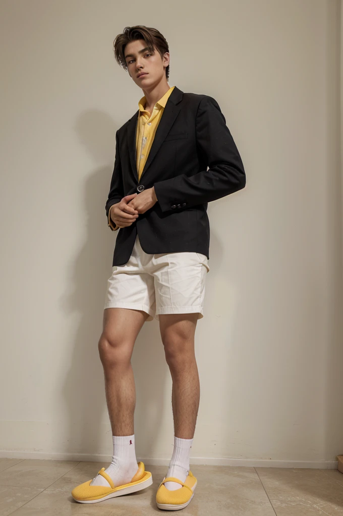 boy, 19 years old, 1 meter 70 tall, 69 kilos, wearing a black suit and pink shorts with yellow ducks, and slippers on his feet. holding a white guitar in his hands.