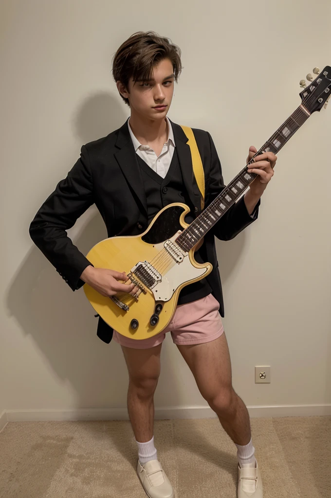 boy, 19 years old, 1 meter 70 tall, 69 kilos, wearing a black suit and pink shorts with yellow ducks, and slippers on his feet. holding a white guitar in his hands.