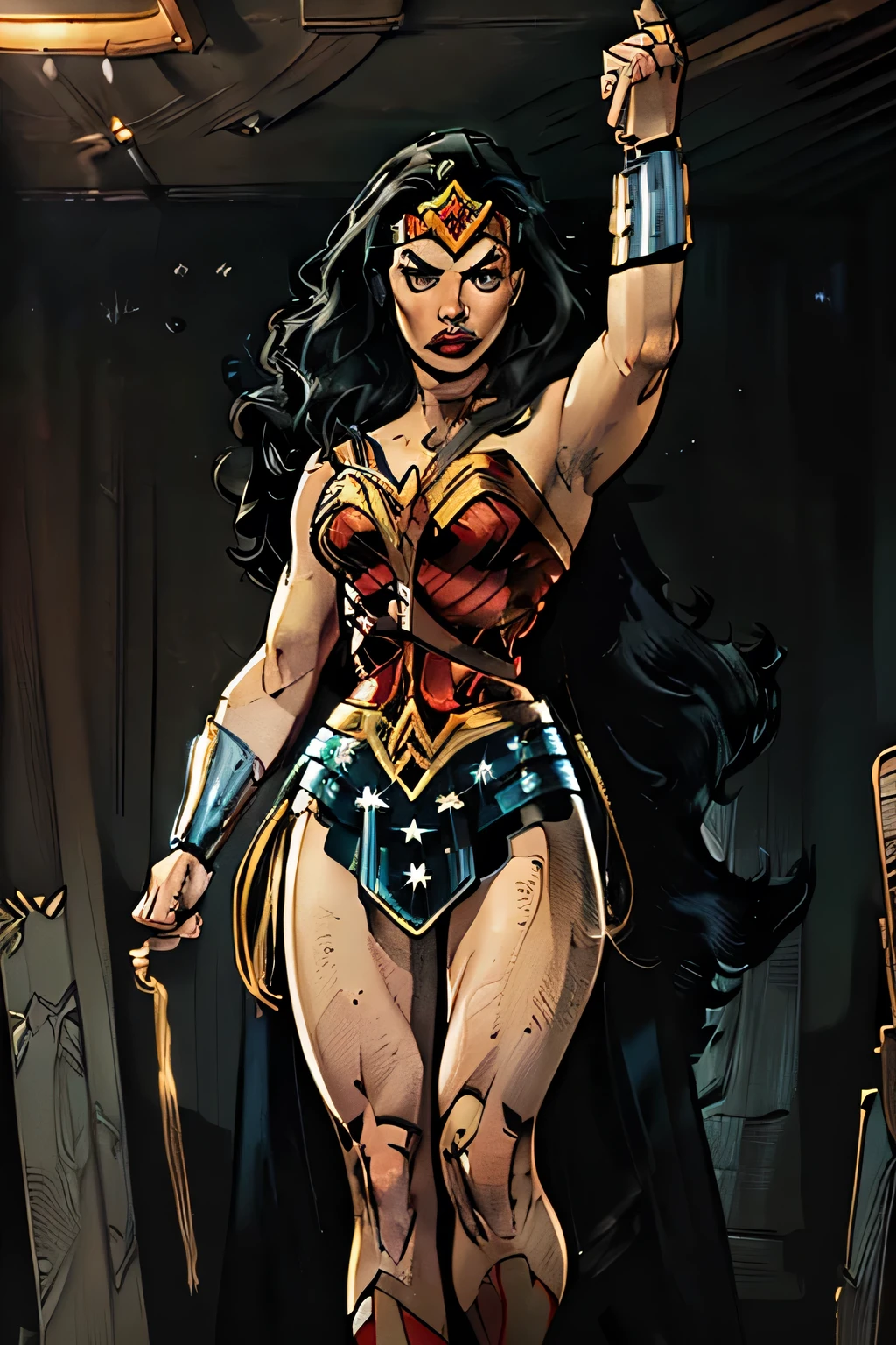 1woman, wonder woman, tall, confident, dominating, center frame, iconic costume, form fitting, hugs every curve, long hair, flawless features, best quality, 4k, 8k, highres, masterpiece:1.2, ultra-detailed, realistic, photorealistic, photo-realistic:1.37, HDR, UHD, studio lighting, ultra-fine painting, sharp focus, physically-based rendering, extreme detail description, professional, vivid colors, bokeh, digital painting, cinematic lighting, dramatic pose, heroic, powerful, dynamic, epic, majestic