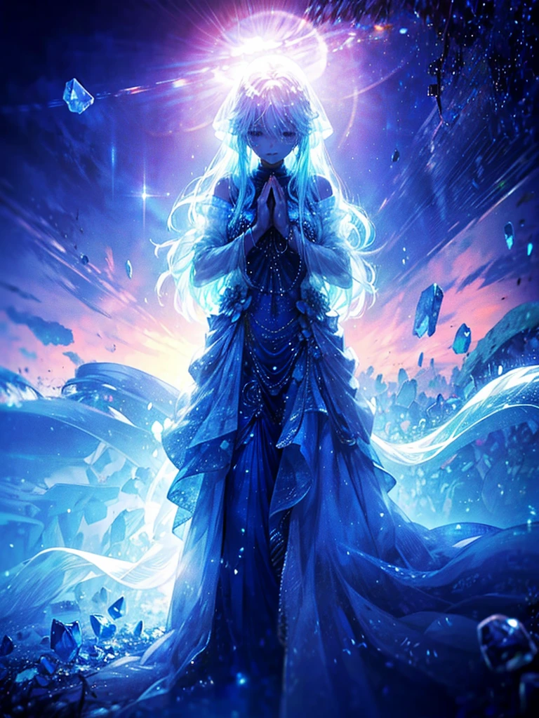 One beautiful woman、Long Field Angle、Highest quality、Super detailed、masterpiece、Transparent light blue hair、Crystal-like hair、Blue eyes that shine like jewels、Flowing hair、Light of the sun、sunny、Above the Clouds、Are crying、Praying Hands