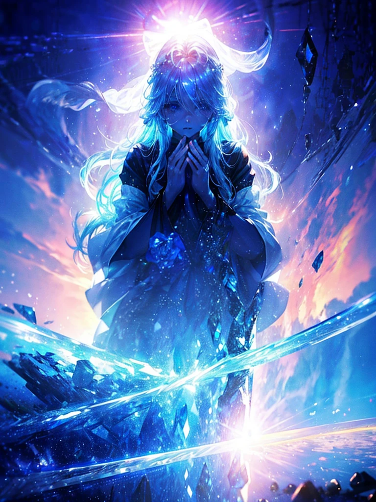 One beautiful woman、Long Field Angle、Highest quality、Super detailed、masterpiece、Transparent light blue hair、Crystal-like hair、Blue eyes that shine like jewels、Flowing hair、Light of the sun、sunny、Above the Clouds、Are crying、Praying Hands