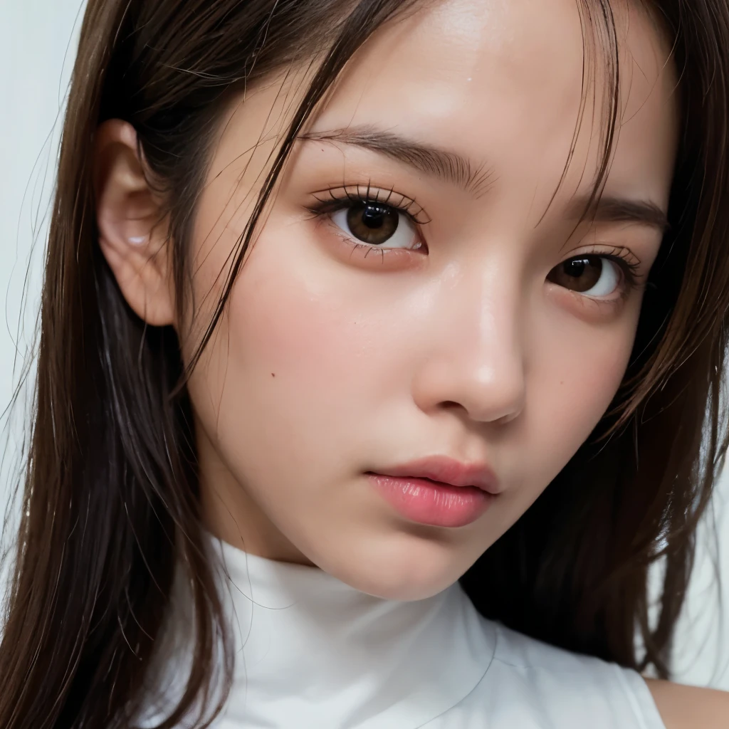 (masterpiece, best quality:1.4), (8k, raw photo, photo realistic:1.2), shiny skin, detailed skin, detailed face, detailed eyes, 1girl, Japanese idol, 20yo girl, round face, beautiful face, plump, happy, closed mouth, thick lips, bandeau bikini, onyx black hair, see-through bang, shaggy, black eyes, slant eyes, raised eyebrows, thick eyebrows, headshot, extreme closeup shot, from front, looking at viewer, white background
