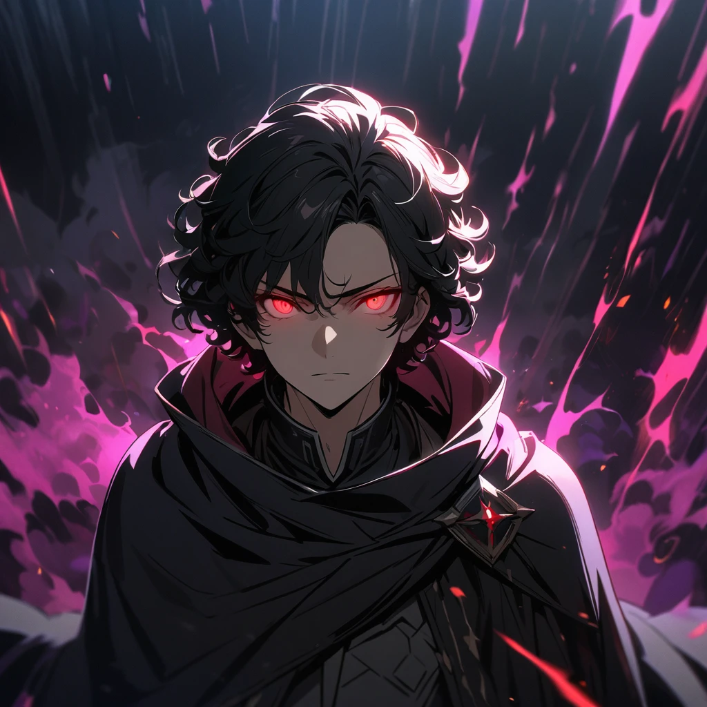 a handsome man with short black hair, curly hair, red eyes, dark aura surrounding him, 4k, masterpiece, cloak, glowing eyes, short hair, shield