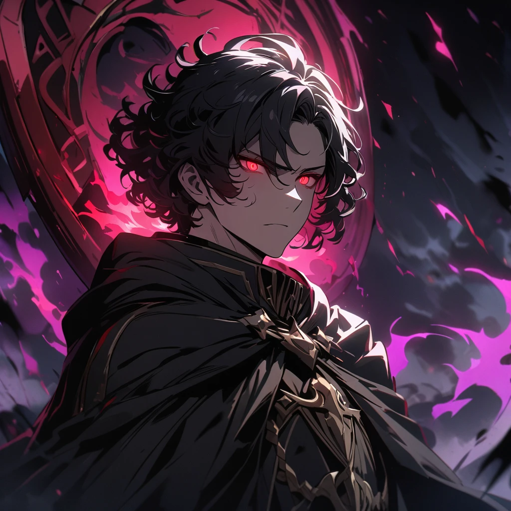 a handsome man with short black hair, curly hair, red eyes, dark aura surrounding him, 4k, masterpiece, cloak, glowing eyes, short hair, shield