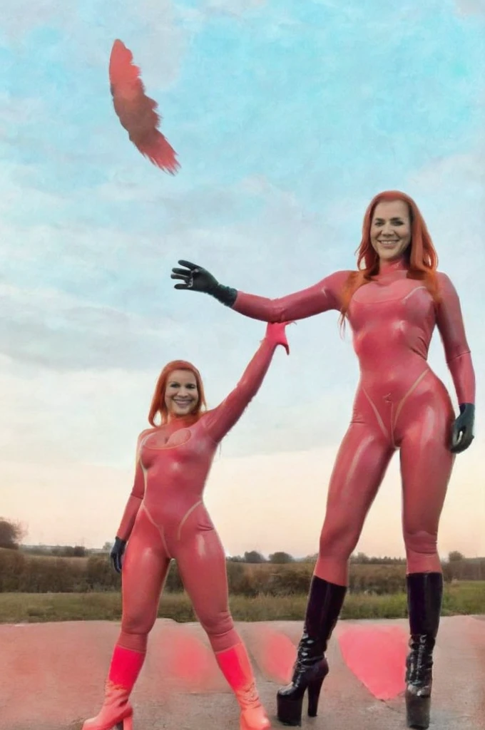 evedef, green eyes, orange hair, flowing cape, pink bodysuit, gloves, shorts, boots, looking at viewer, smiling, flying, in the air, blue sky, clouds, extreme detail, masterpiece,
