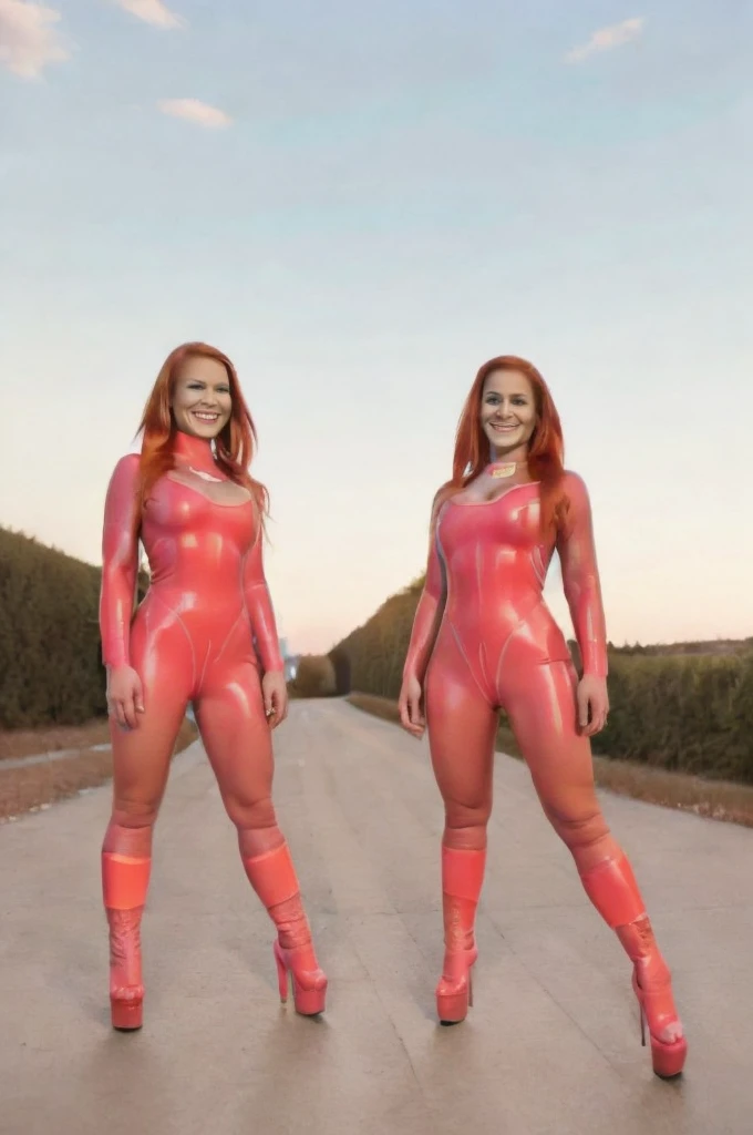 evedef, green eyes, orange hair, flowing cape, pink bodysuit, gloves, shorts, boots, looking at viewer, smiling, flying, in the air, blue sky, clouds, extreme detail, masterpiece,