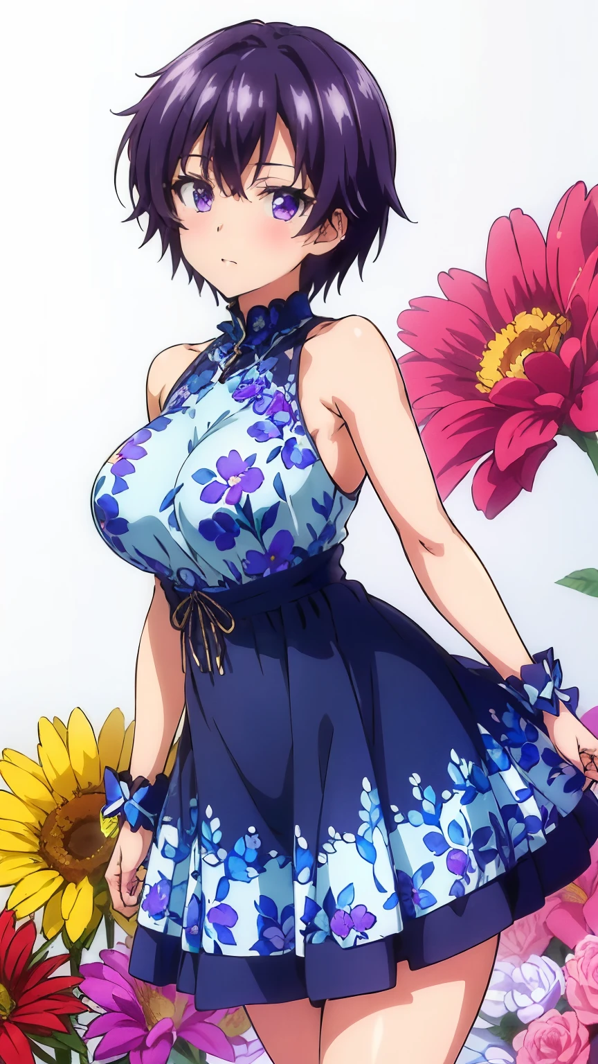 (masterpiece,highest quality, High resolution, 8k:1.2), (anime), highly detailed face, Detailed CG,purple hair,purple eyes,short hair,big breasts,
(wearing flowers dress),blush,stylish pose, stylish angle,looking at the viewer, in the center of the image,cowboy shot,
