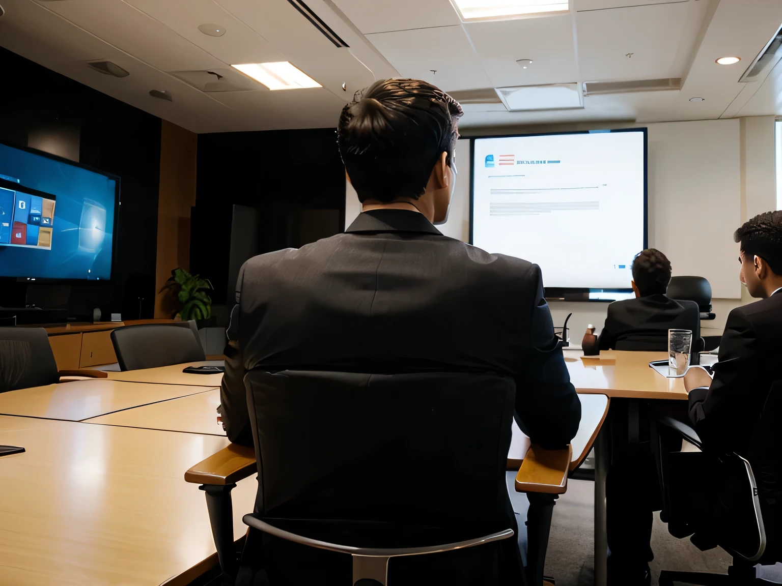 Back view of businessman having meeting with employees in conference room with laptop computer.