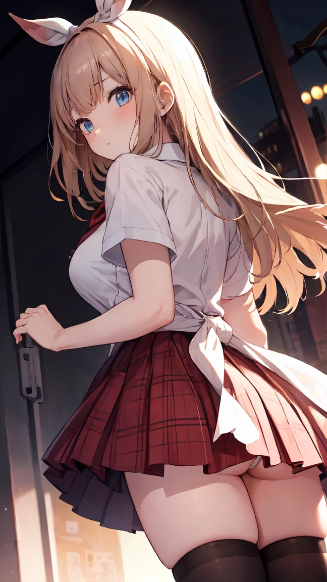 (From below:1.8)、(sex from behind:1.8)、(white panty:1.3),、(school uniforms:1.3), (white solid-color clothes around waist:1.5), (knot on waist:1.3), (white collared-shirt:1.4), ((white collar, unbutton, short sleeve):1.2), (red plaid-pattern pleated-skirt:1.3), ((necklace, colorful bracelet, X hair ornament):1.2), ultra-detailed、(8k, RAW photo, best quality, masterpiece:1.2), (extremely detailed 8k wallpaper),illustration、professional lighting,sharp focus, depth of field、 nsfw、clear eyes、perfect anatomia、girl with、 student、、Plump thighs、Blue eyes、a blond、、(Black Thigh Socks)、 a bed 、（looking back）、high ponytail