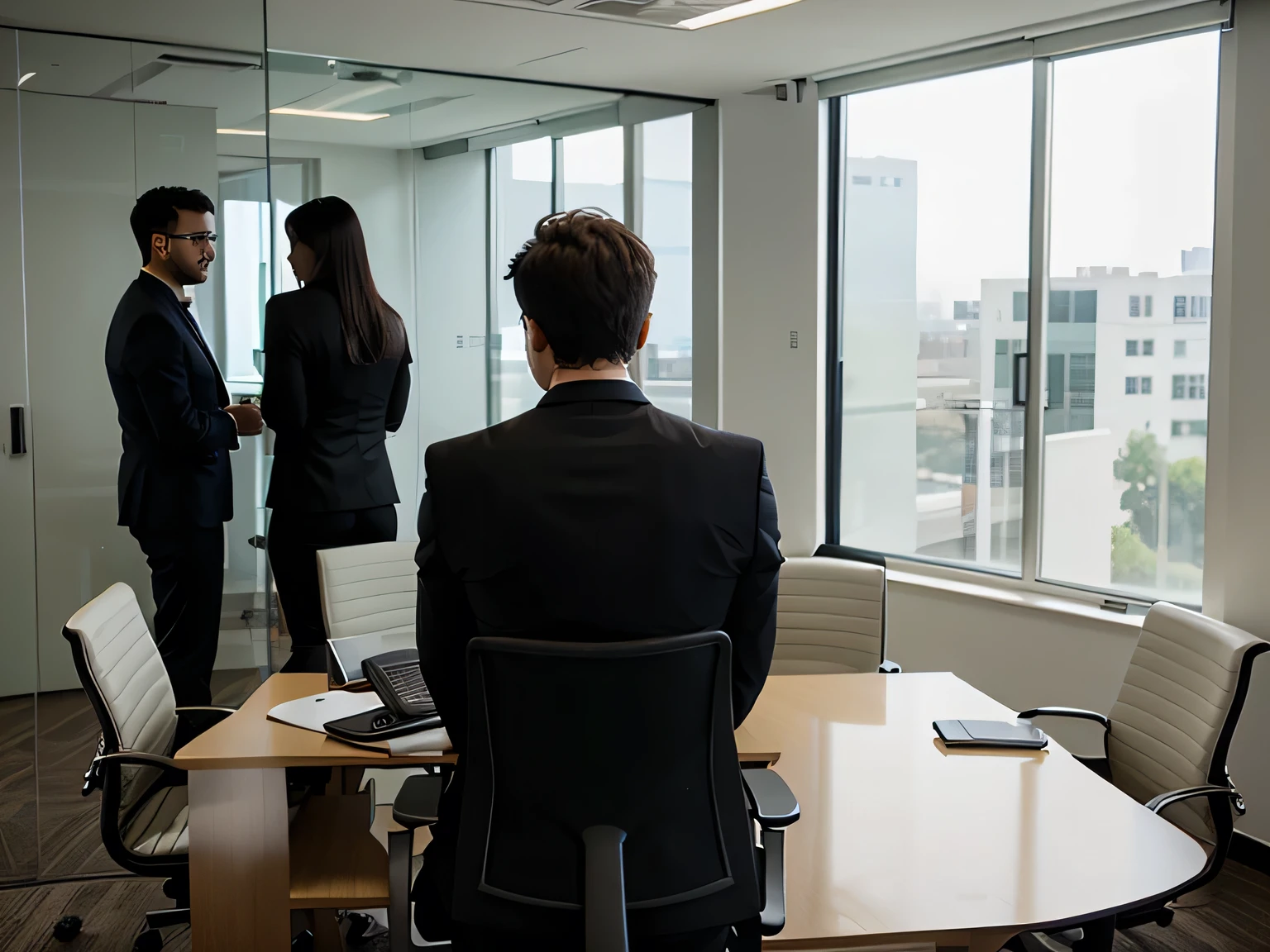 Back view of businessman having meeting with employees in conference room with laptop computer.