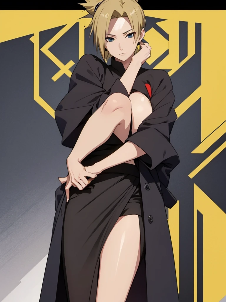 Temari, 1women, wearing a black colour office suit, tight skirt, at an office background, yellow colour short hair, 8k, high detailed, high quality
