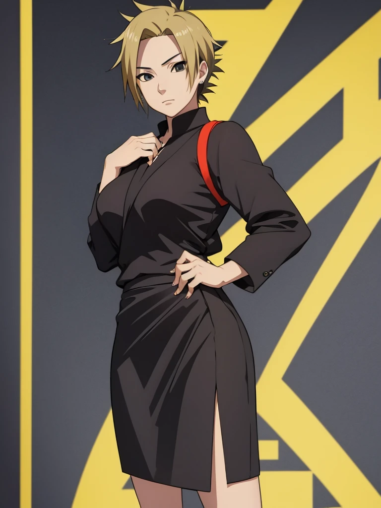 Temari, 1women, wearing a black colour office suit, tight skirt, at an office background, yellow colour short hair, 8k, high detailed, high quality
