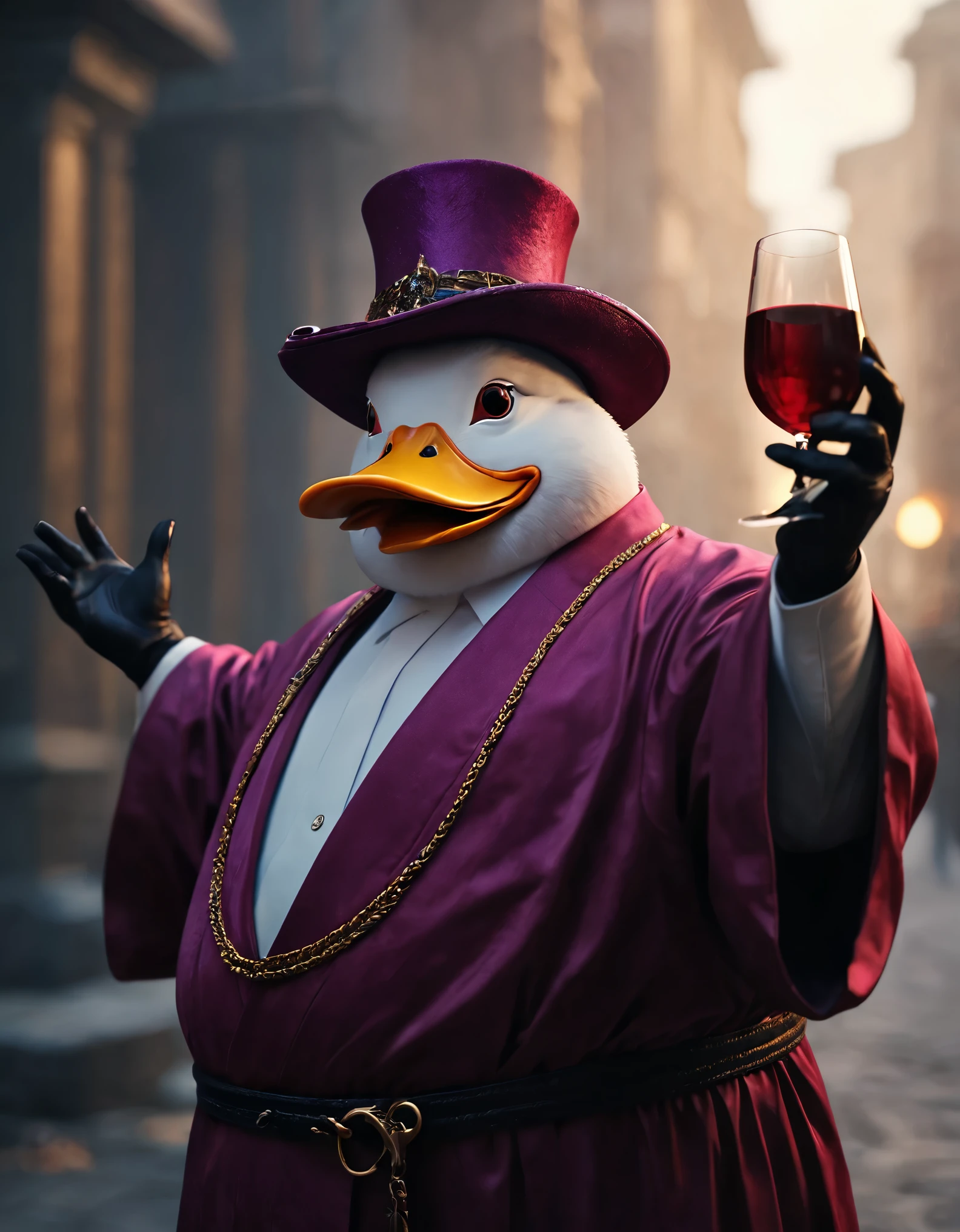 cinematic film still portrait of a anthropomorphic comical very corpulent yelling (Platinum Duck:1.3) hero wearing a wine magic robe and hat, intricate abstract. intricate artwork, by tooth wu, wlop, beeple, dan mumford. dramatic lighting, concept art, octane render, trending on artstation, greg rutkowski very coherent symmetrical artwork. cinematic, key art, hyper realism, high detail, octane render, 8 k, iridescent accents