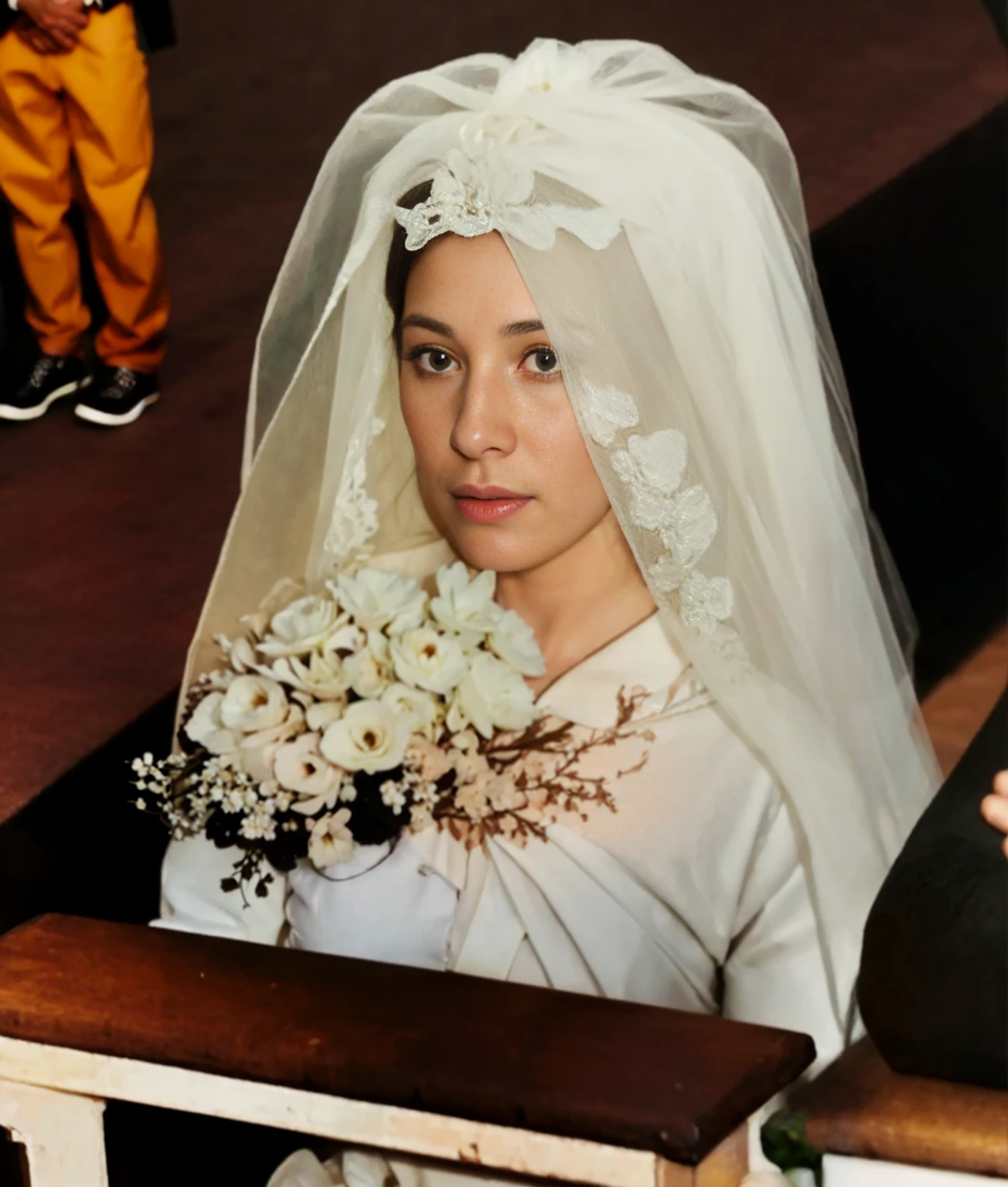 high quality, best quality, photo-realistic, raw-photo, ultra-detailed, High definition, masterpiece, intricate details, detailed texture, finely detailed, 60s photo, portrait of bride and groom from America, the bride's dress is white, black men's suit, kneeling pose, bridal flowers, you can see several people behind