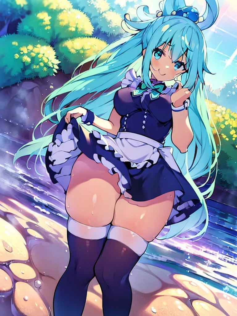 (masterpiece, Chic quality, HDR,Best quality: 1.2), solo, 1 girl, Konosuba ,aqua, detailed face, exhilaration, beautiful smile, looks at the viewer, detailed clothing, detailed fabric, Hair rings, maid, lace, shoes, Medium breasts, middle thighs, Bedroom, Bed, kneeling on the bed,