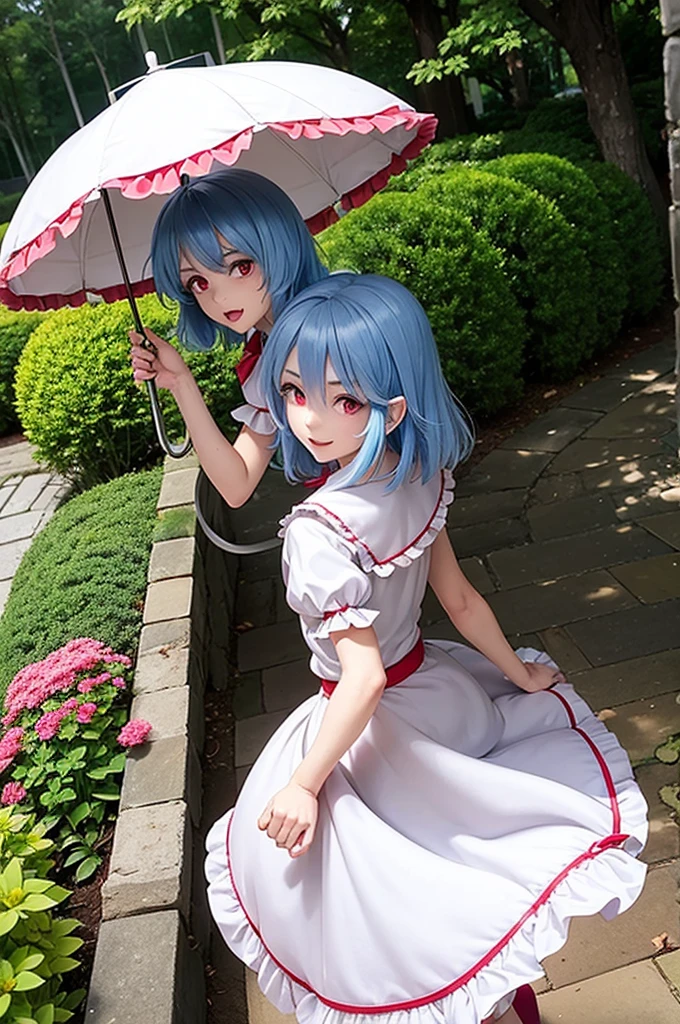 1girl, Remilia Scarlet (Touhou). In garden green, Walking wing white vintage umbrella. look at viewer. Cute face. blue hair. red eyes, long eyelashes. vintage white dress.
