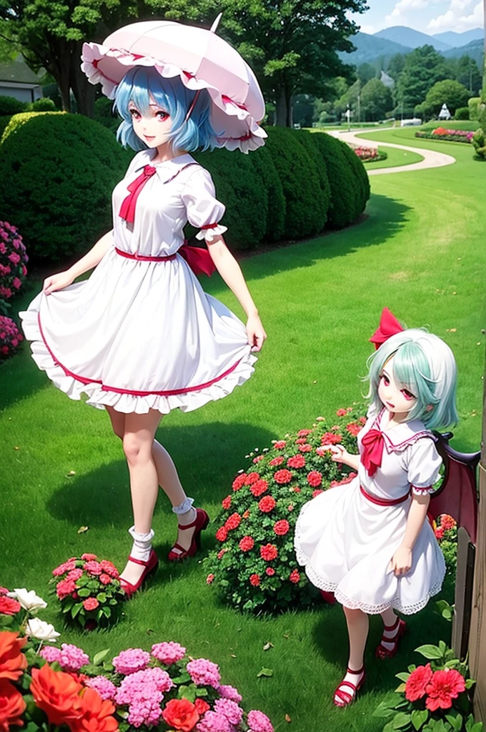 1girl, Remilia Scarlet (Touhou). In garden green, Walking wing white vintage umbrella. look at viewer. Cute face. blue hair. red eyes, long eyelashes. vintage white dress.
