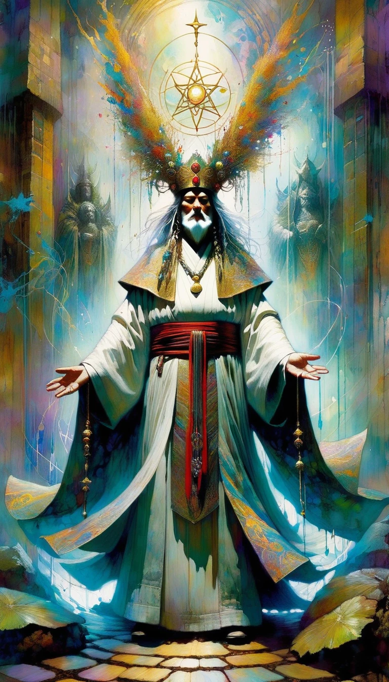 tarot card, the high priest, ((text on card: "EL SUMO SACERDOTE"))artwork by Brian Froud and Carne Griffiths and Wadim Kashin, intricate details, oil