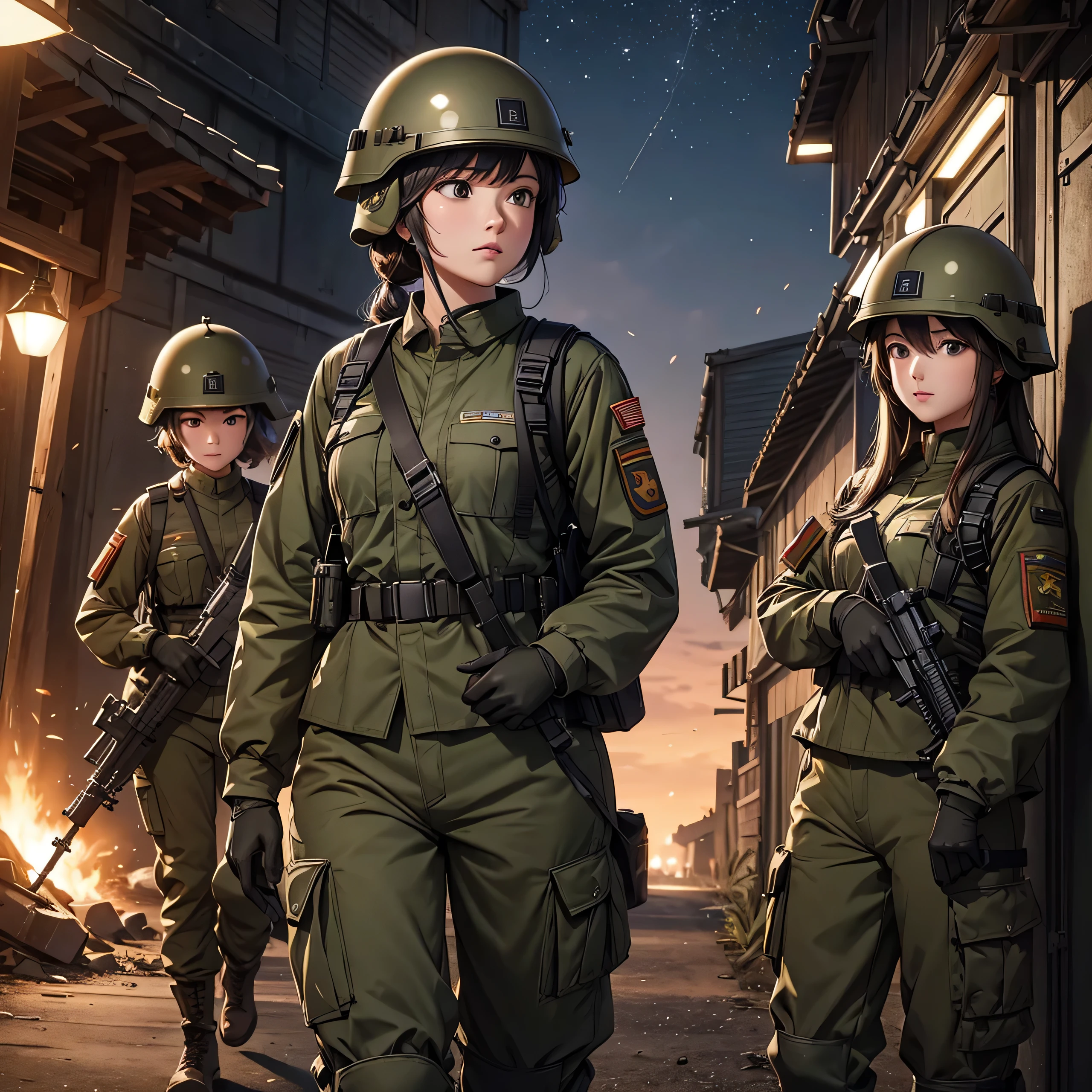 First-person perspective、Three female soldiers in helmets、Olive military uniform 、Military Pants、Side by side、Look at the crotch、Military camp at night、Write details、masterpiece、best quality、Highly detailed CG、8K picture quality