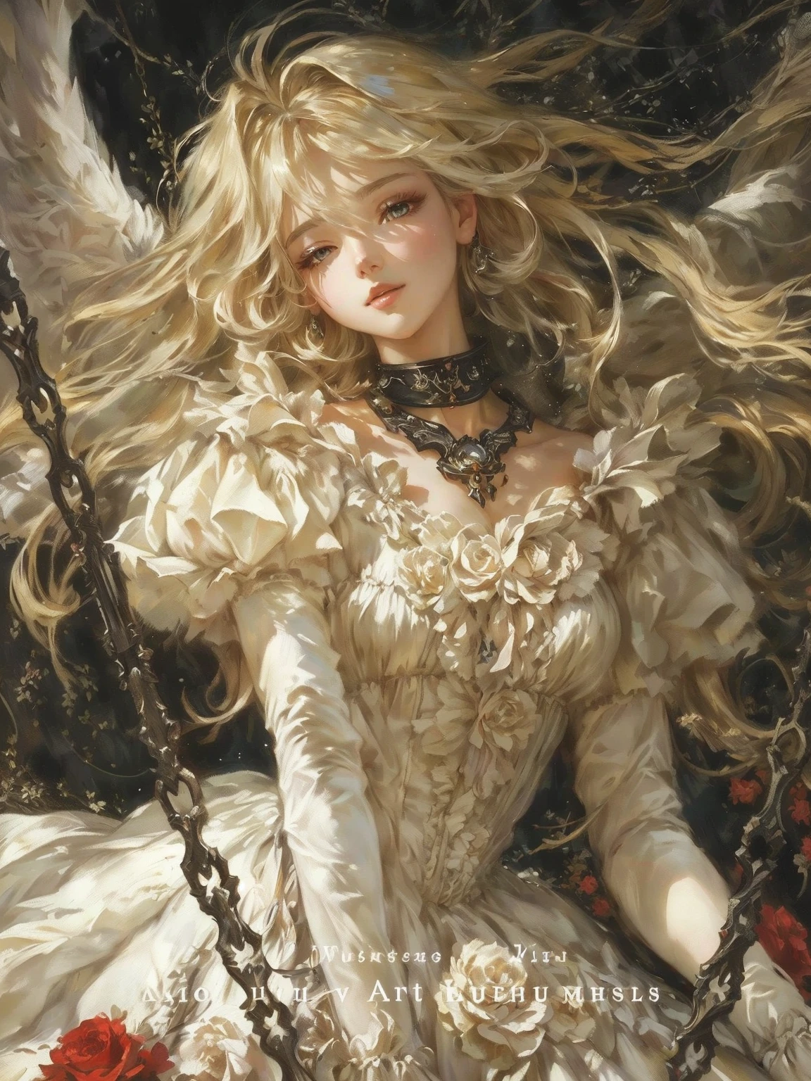 There is a painting，The painting shows a woman in a white dress sitting on a swing, Gu Weiss masterpiece, Gu Weiss on pixiv artstation, Gu Weiss on artstation pixiv, Gu Weiss, Kushat Krenz Key Women in Art, Anime Fantasy Artwork, Yoshitaka Amano Carol Buck, Detailed anime art, Detailed digital anime art