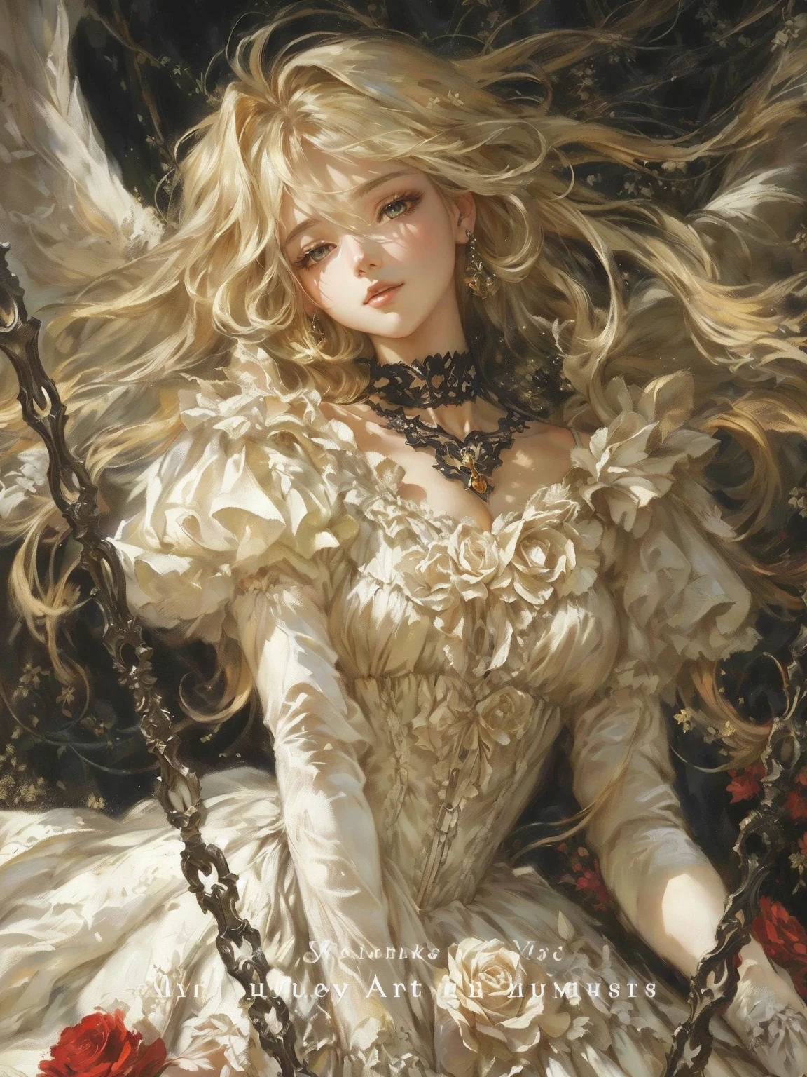 There is a painting,The painting shows a woman in a white dress sitting on a swing, Gu Weiss masterpiece, Gu Weiss on pixiv artstation, Gu Weiss on artstation pixiv, Gu Weiss, Kushat Krenz Key Women in Art, Anime Fantasy Artwork, Yoshitaka Amano Carol Buck, Detailed anime art, Detailed digital anime art