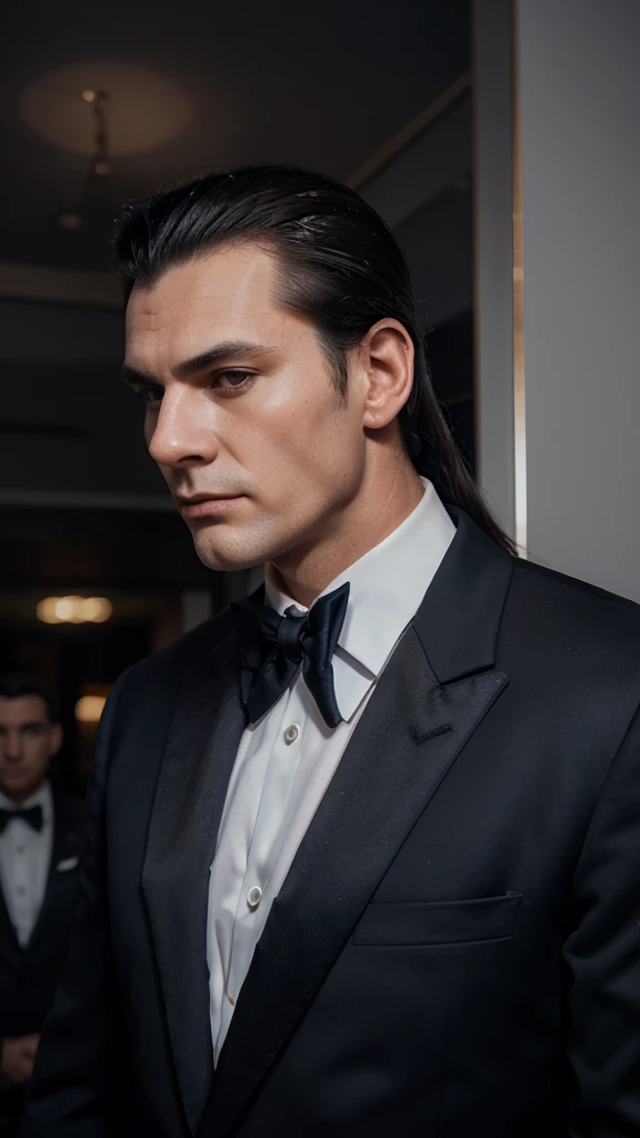 cinematic, low angle shot, man, mature, tall, tnin, black hair, slick back hair with side part, clean shaven, scar on right cheek, wear midnight blue tuxedo, white dress shirt, black silk bow tie, red rose boutonniere, drinks marthini, on party in casino, evening, dim lighting