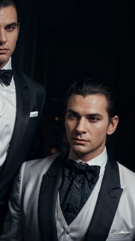 cinematic, low angle shot, man, mature, tall, tnin, black hair, slick back hair with side part, clean shaven, scar on right cheek, wear midnight blue tuxedo, white dress shirt, black silk bow tie, red rose boutonniere, drinks marthini, on party in casino, evening, dim lighting